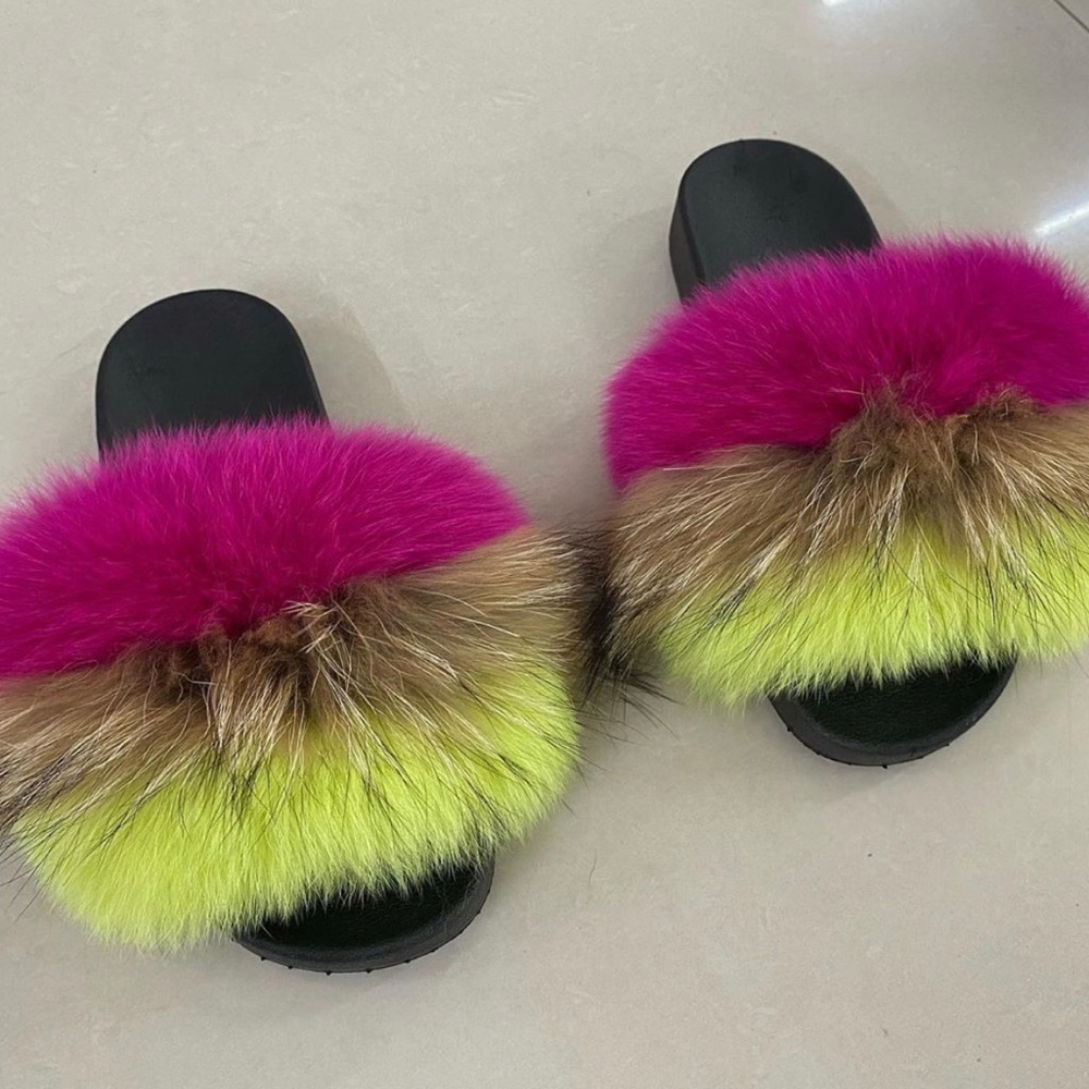 Cream fox fur slides